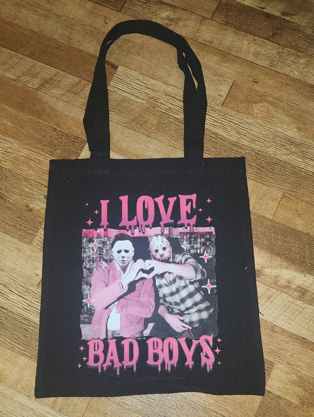 I Love Bad Boys Black Graphic Tote Bag. 13x15